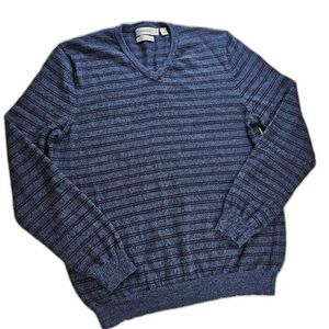 CALVIN KLEIN Men's Size M Sweater Wool Pullover V-neck Blue Striped Merino Wool